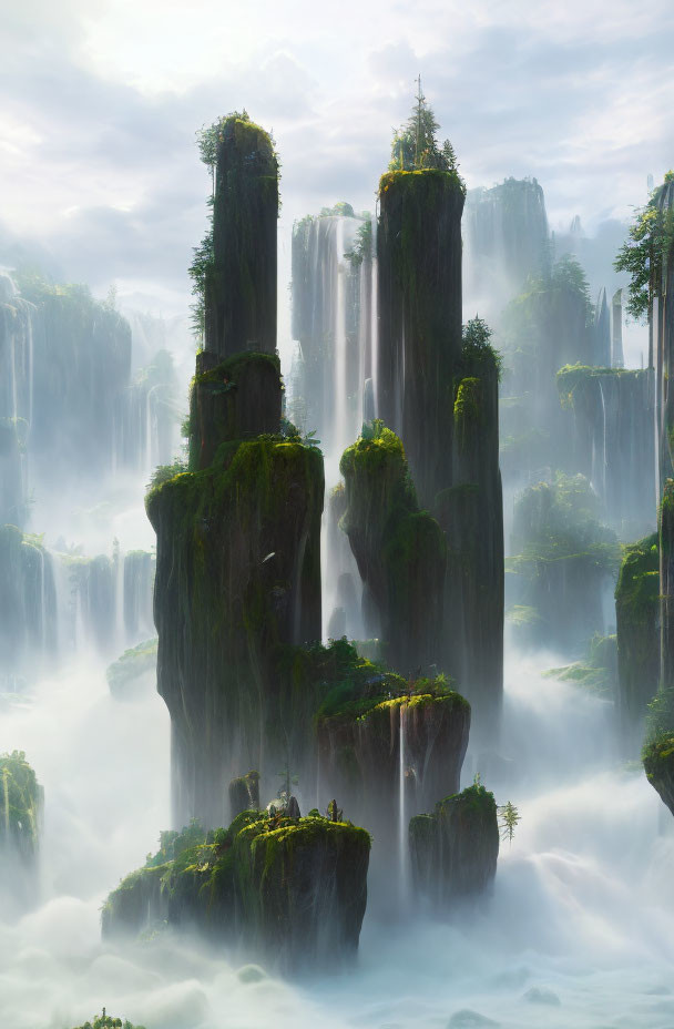 Majestic rock pillars surrounded by waterfalls and mist, with lush greenery.