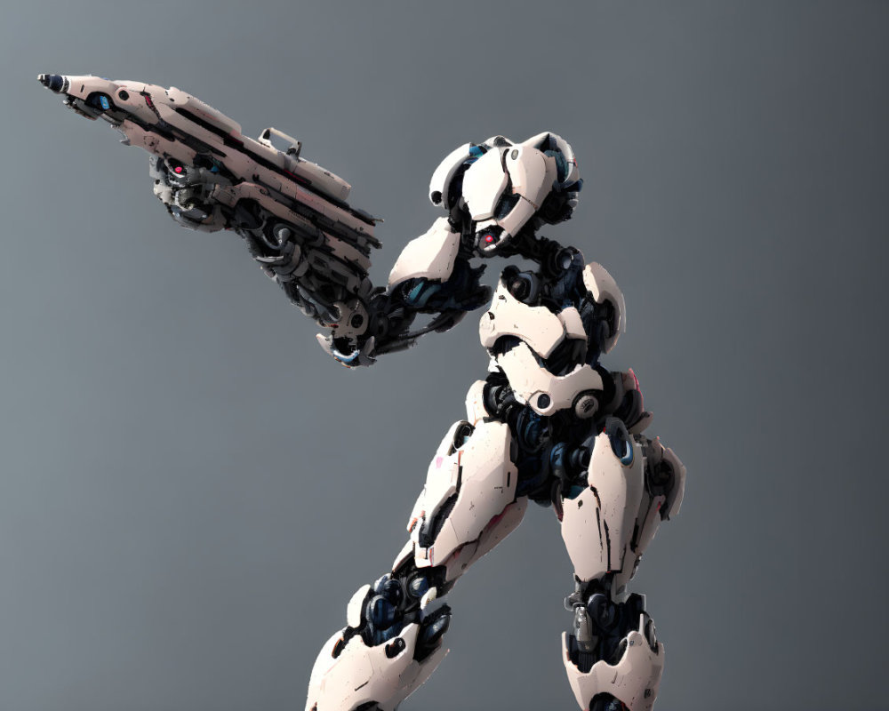 Futuristic humanoid robot with white and black exoskeleton and arm cannon