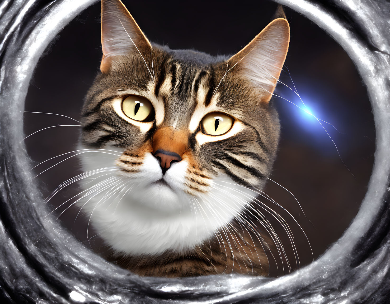 Tabby Cat with Yellow Eyes in Circular Frame on Dark Background