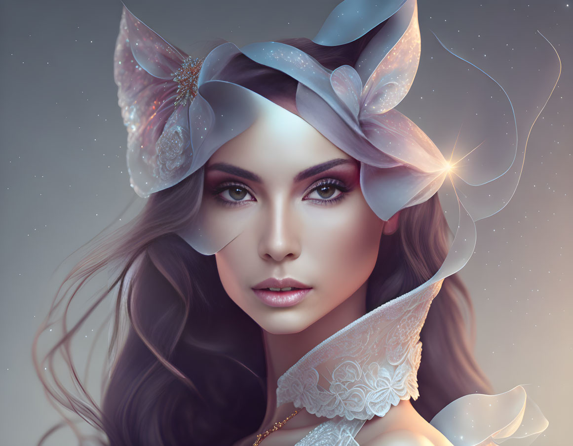 Digital artwork: Woman with flowing hair, translucent butterfly wing headpiece & glowing lights