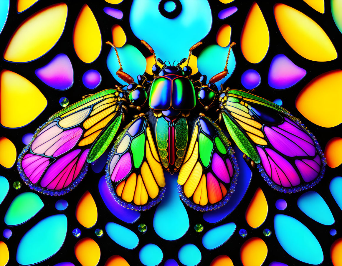 Colorful iridescent beetle with translucent stained glass wings on mosaic backdrop