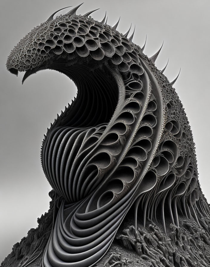 Intricate monochromatic serpent sculpture with detailed textures