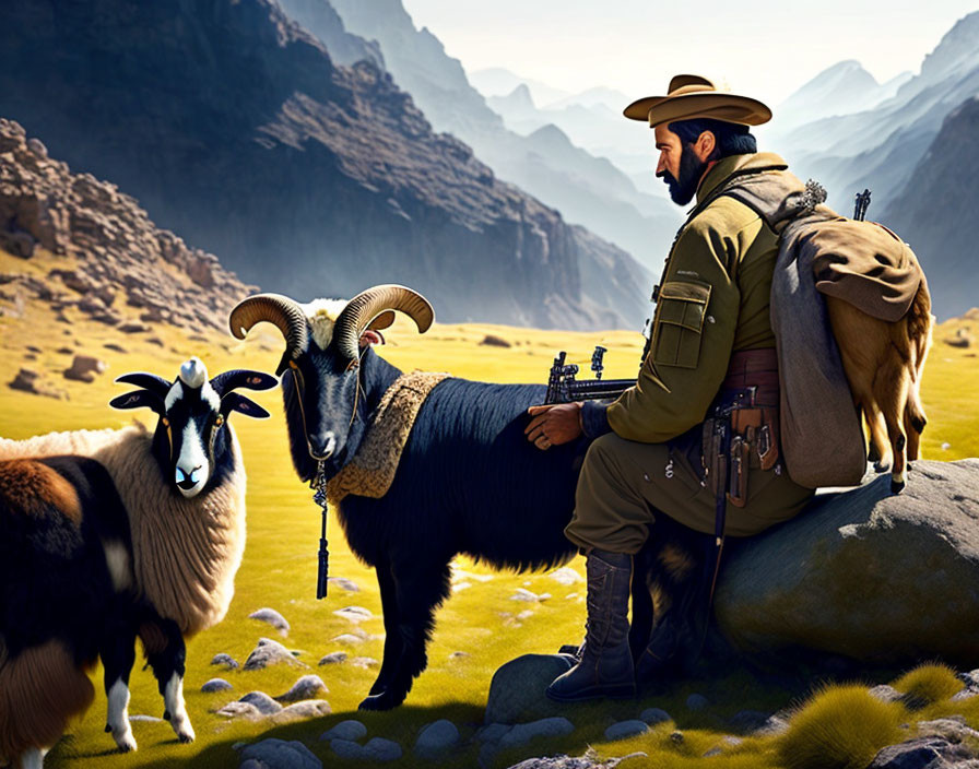 Adventurer with mountain ram in scenic valley and steep peaks.