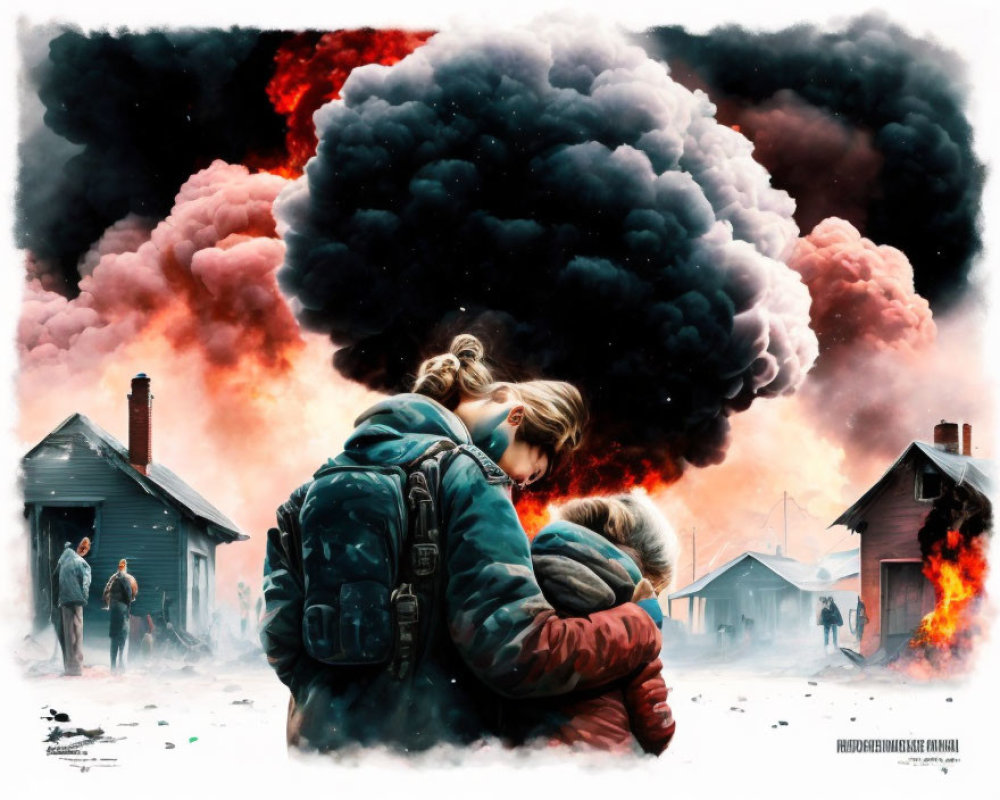 Digital artwork: Two people embrace amidst fiery, smoky catastrophe