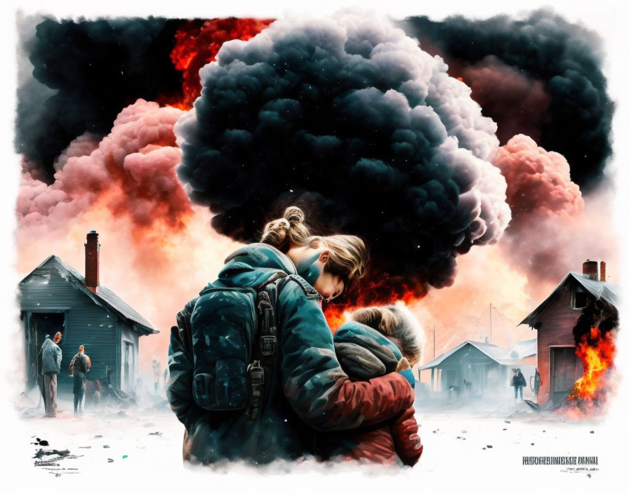 Digital artwork: Two people embrace amidst fiery, smoky catastrophe