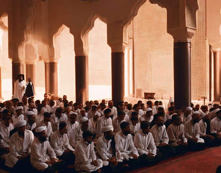 Interior of mosque with people sitting and standing, intricate architectural details
