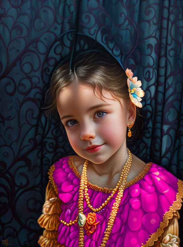 Dark-haired girl in purple dress with gold jewelry on blue backdrop