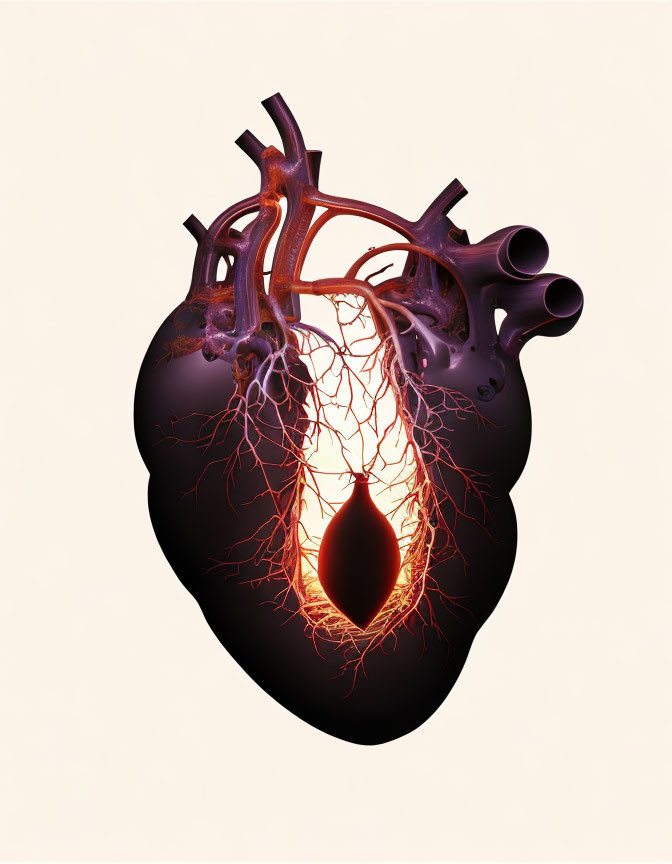 Detailed illustration of human heart with highlighted coronary arteries and capillaries