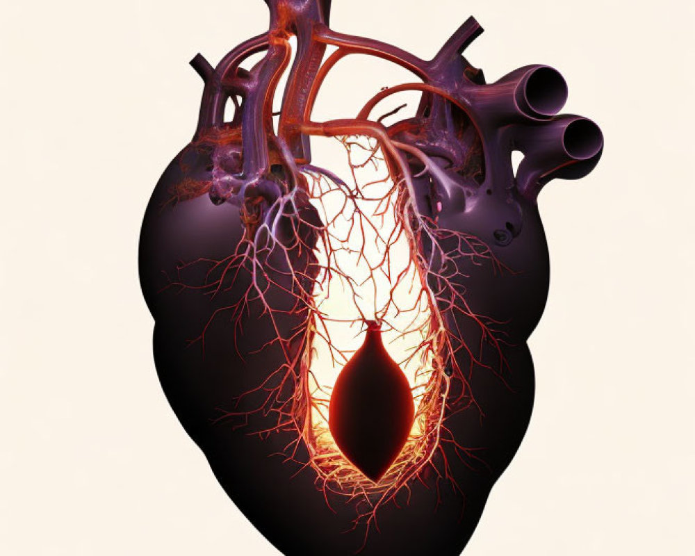 Detailed illustration of human heart with highlighted coronary arteries and capillaries