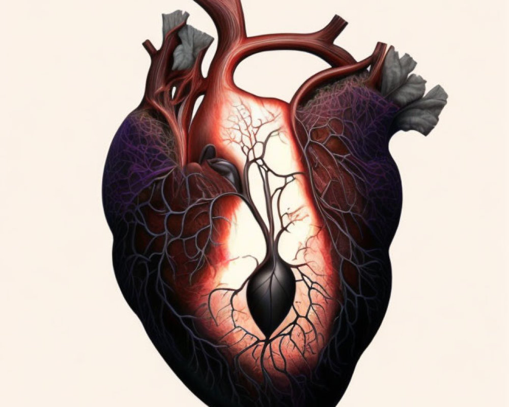 Detailed illustration of human heart with arteries and veins on neutral backdrop