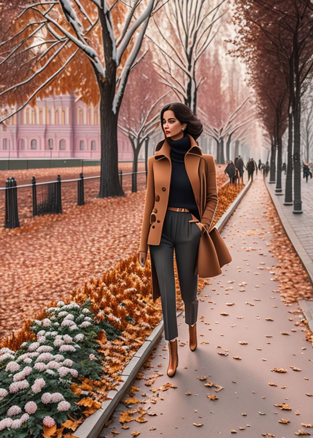 Fashionable woman in brown coat strolling in autumn park with bag