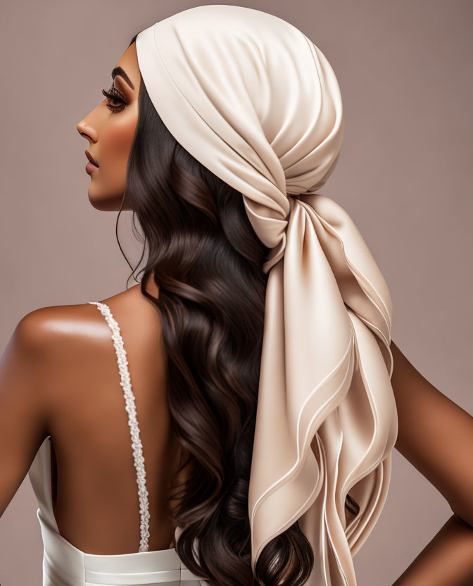 Stylish woman in turban and elegant dress against brown backdrop