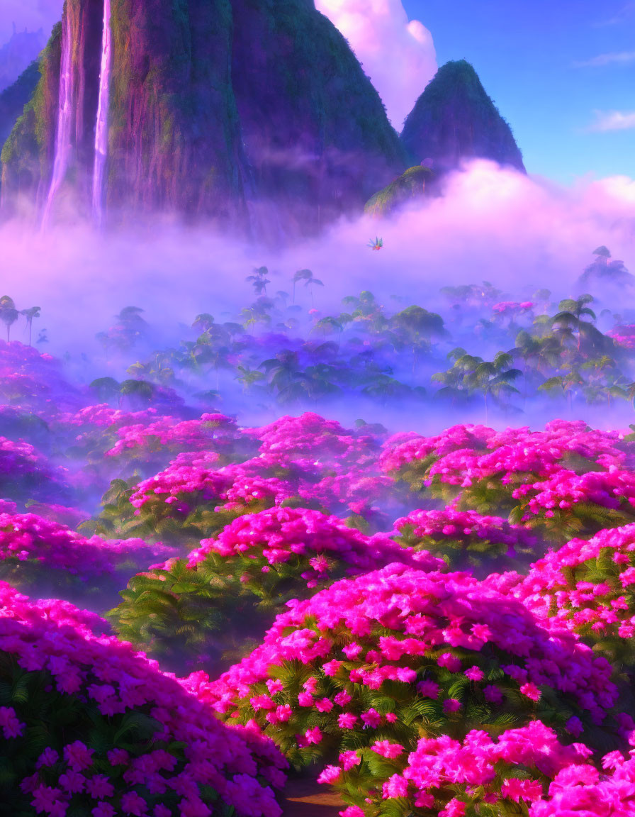 Misty landscape with waterfall, peaks, and colorful flowers