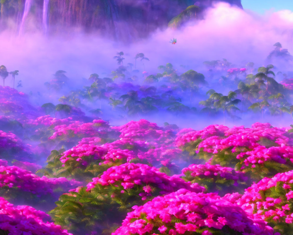 Misty landscape with waterfall, peaks, and colorful flowers