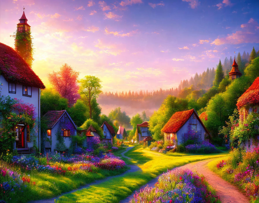 Quaint village with flower-lined paths and warm sunset glow