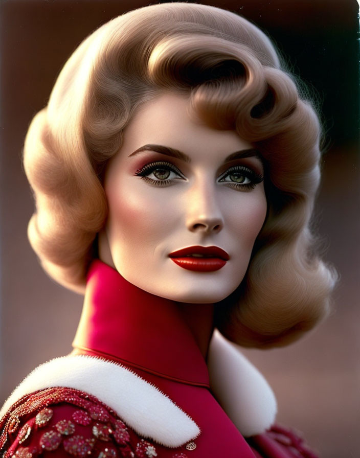 Vintage-inspired woman with red lipstick and wavy hair in red outfit.