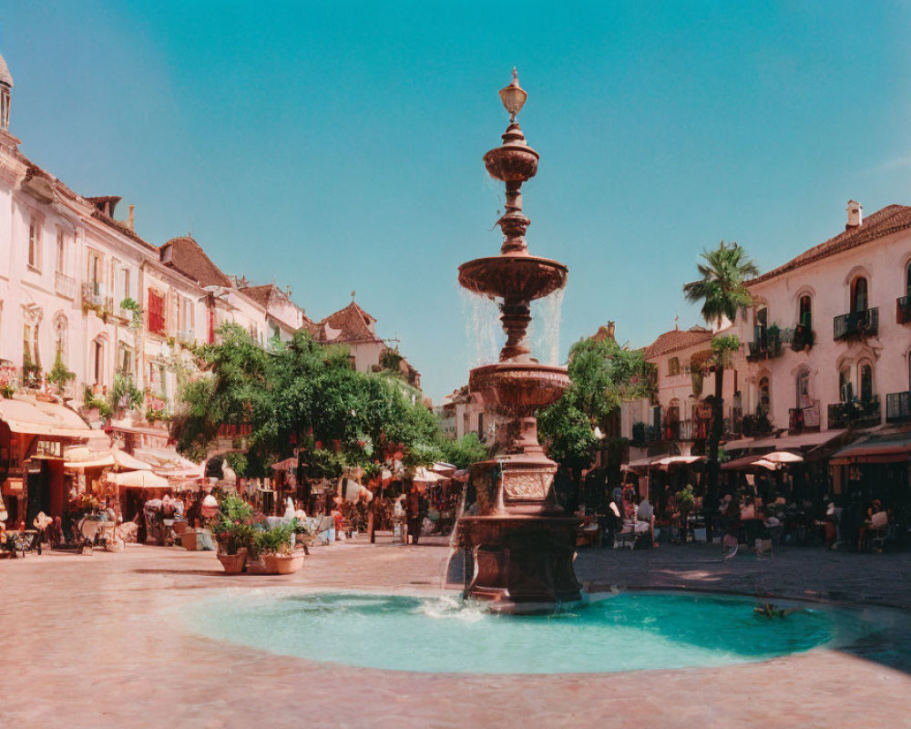 Ornate Fountain in Bustling Square with Cafes and Palm Trees