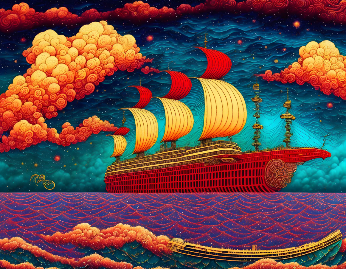 Ornate ship sailing on patterned sea with vibrant sky