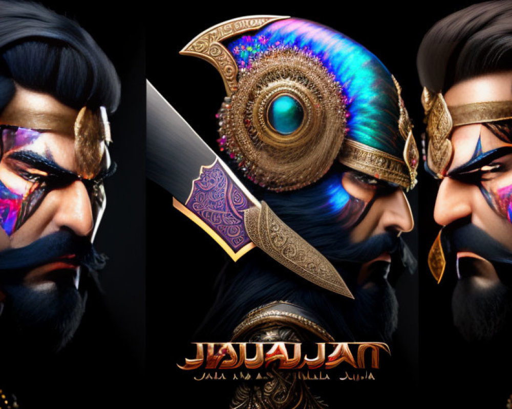 Stylized male character in golden armor with face paint and eye helmet