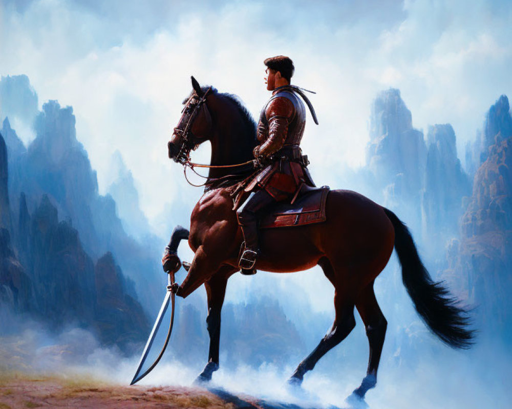 Regal warrior on black horse with sword in misty mountain landscape