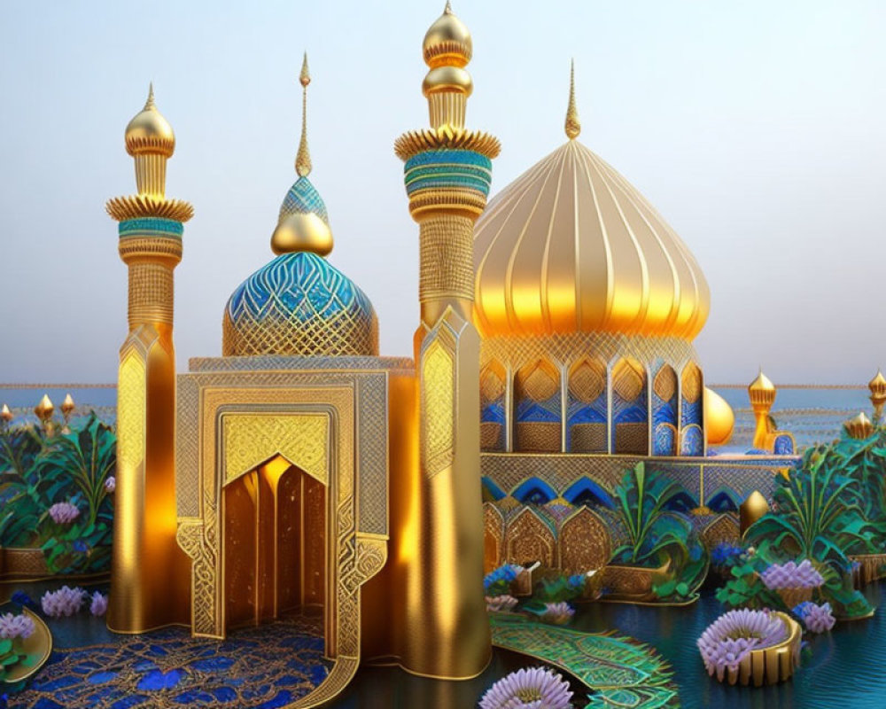 Golden and Blue Palace with Domes and Spires Amid Lotus Flowers