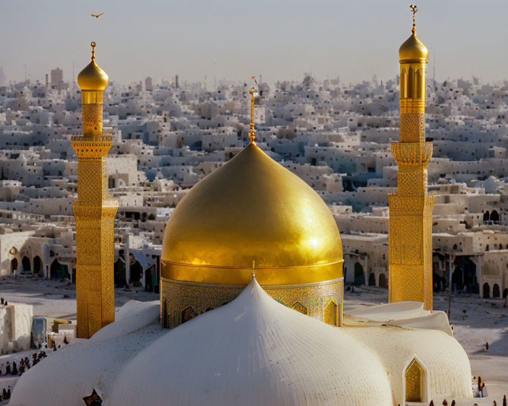 Golden-domed mosque and minarets in dense cityscape.