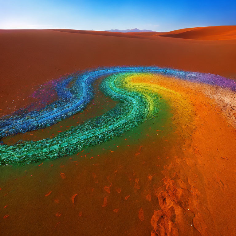 Vibrant rainbow-colored geological formation in red sand dunes