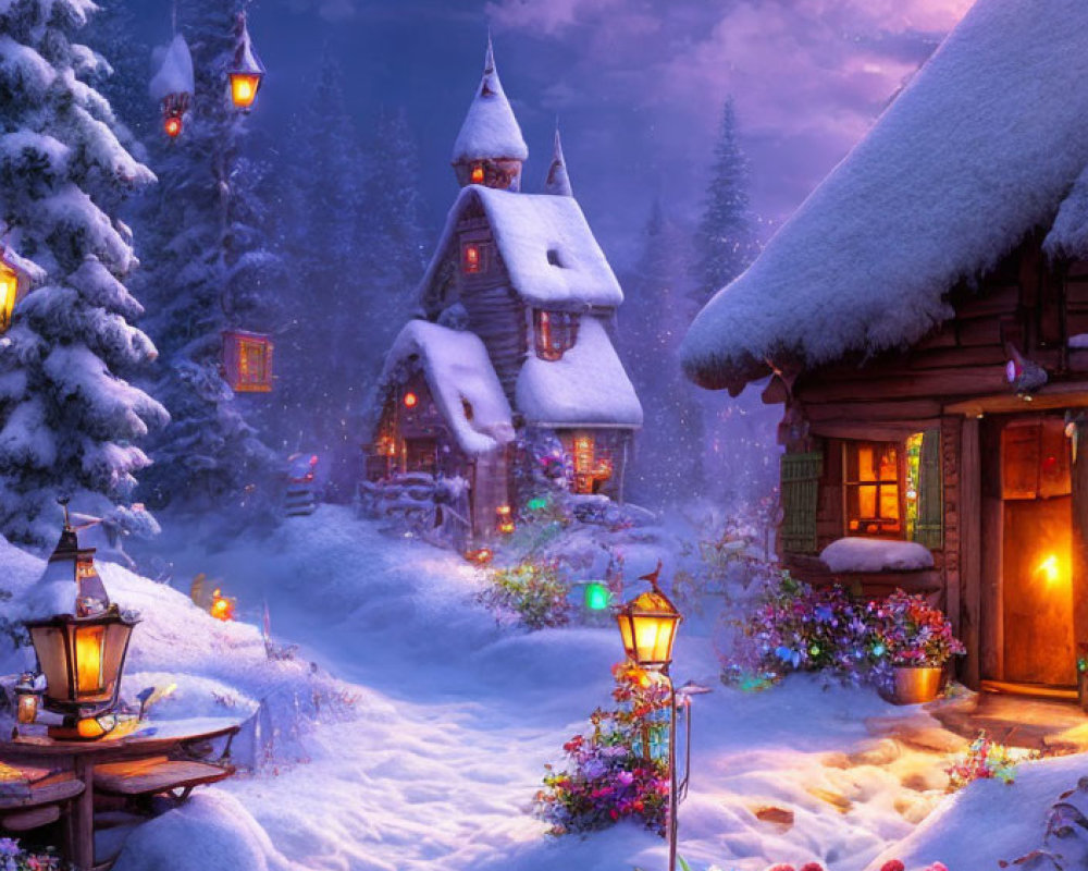 Snow-covered cottages with glowing windows in twilight scene