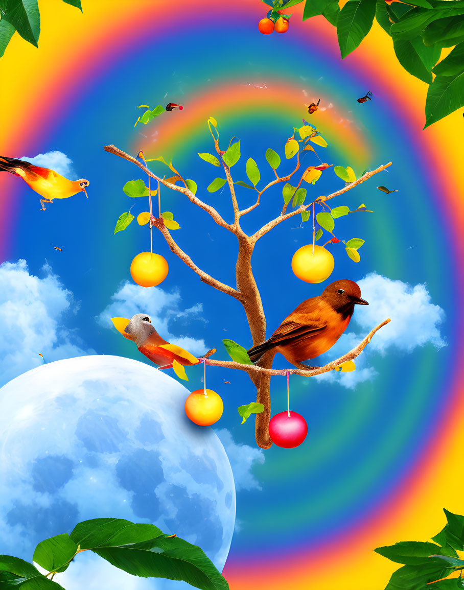 Surreal image of birds, fruits, moon, and rainbow on blue sky