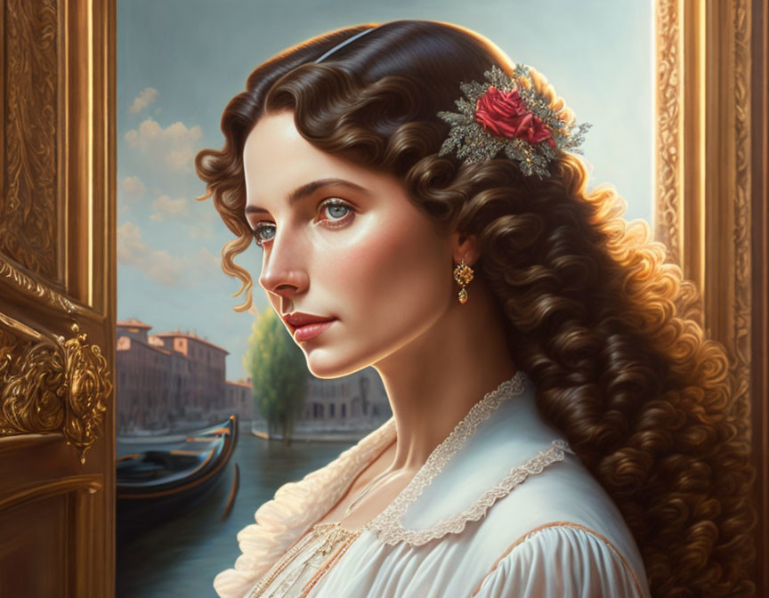 Portrait of woman with long curly hair and red flower, lace-trimmed dress, earring,