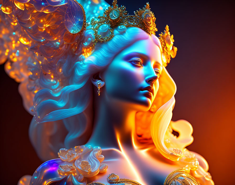 Colorful 3D-rendered image of woman with ornate crown and flowing hair in blue and
