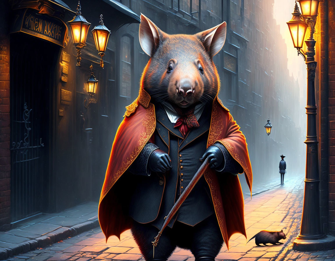 Victorian-era anthropomorphic wombat in outfit with cane on foggy cobblestone street