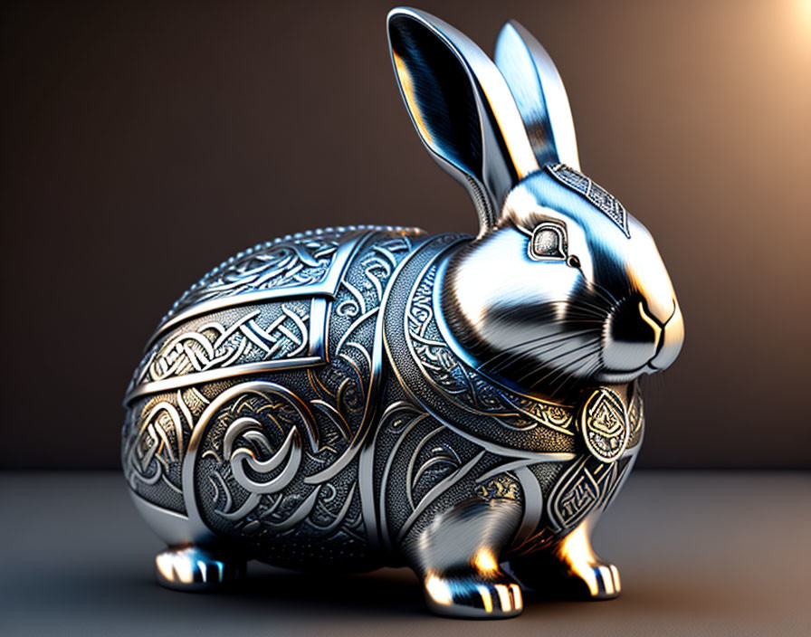 Intricate Metallic Rabbit Figurine on Dark Background