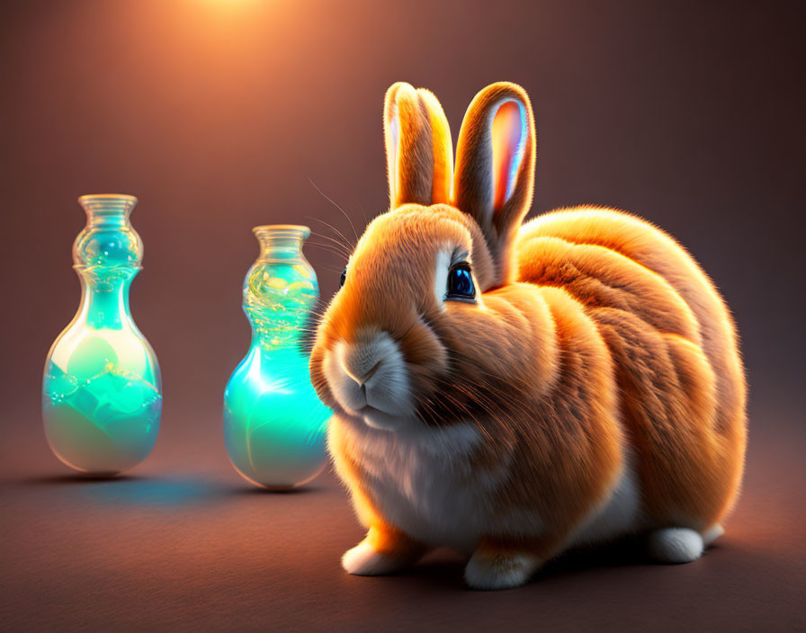 Glowing Orange Rabbit Between Two Flasks on Dark Background
