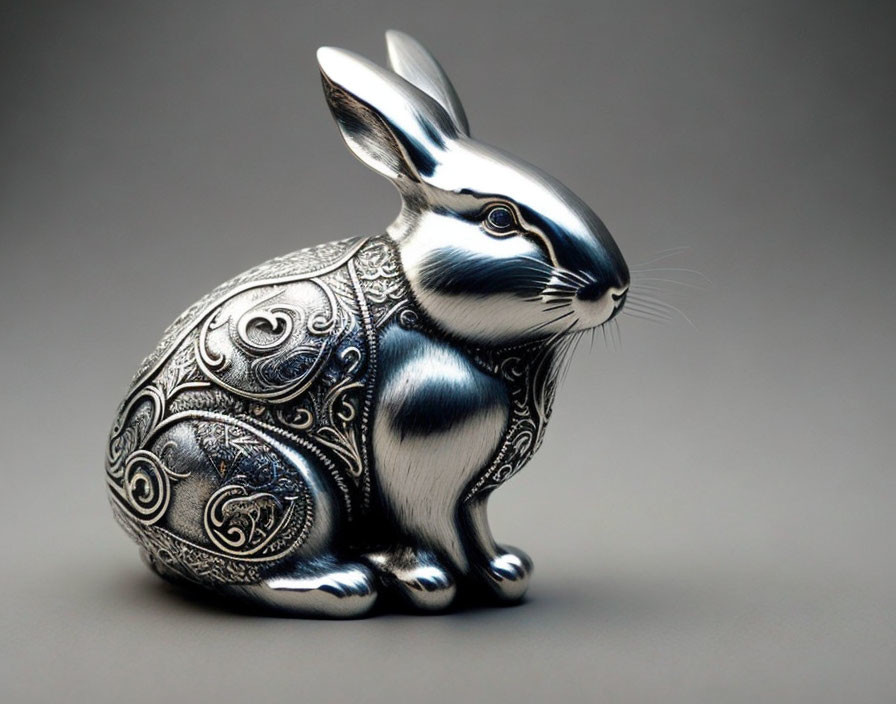 Silver Rabbit Figurine with Floral Patterns and Black Accents on Grey Background