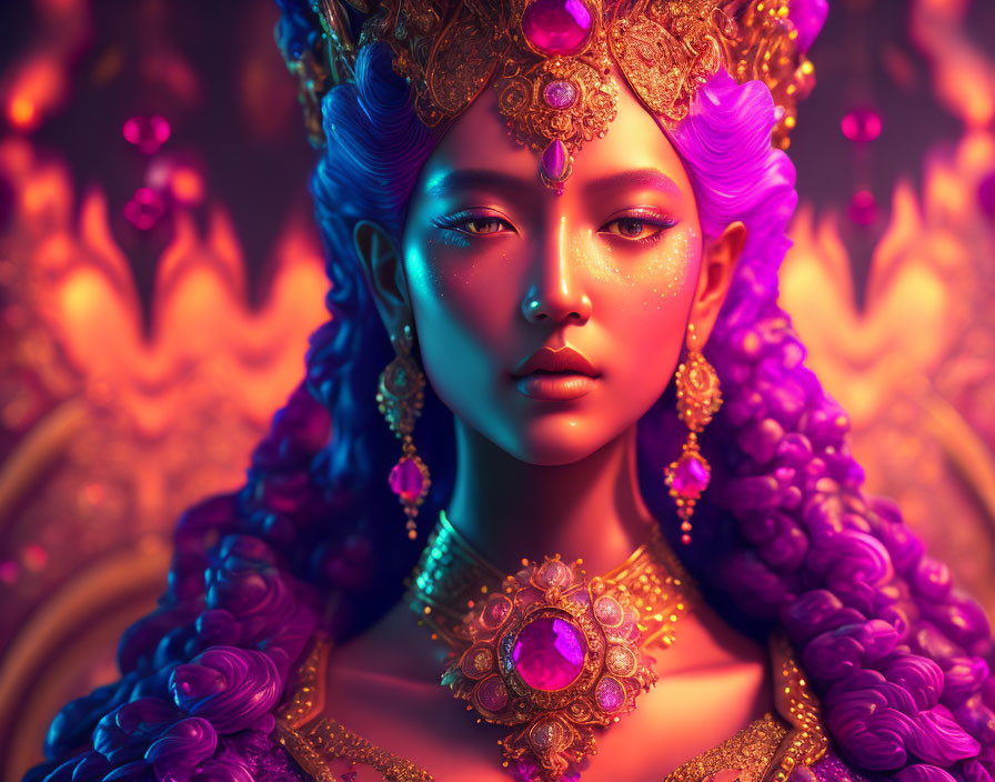 Colorful digital art portrait of a woman with purple skin and luxurious gold jewelry on an ornate background