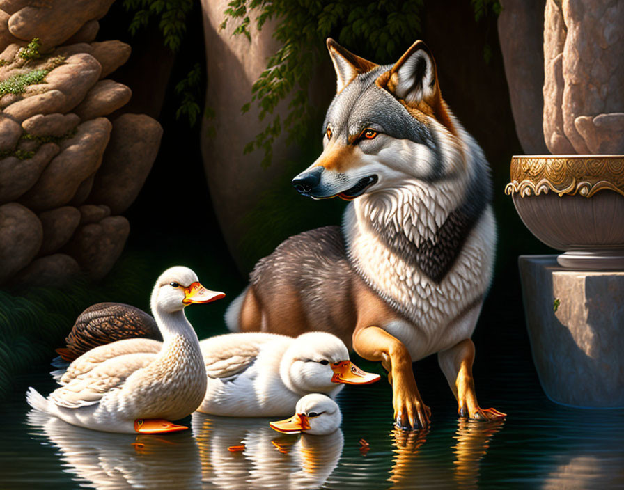 Wolf beside calm water with ducks, lush greenery, and decorative urn