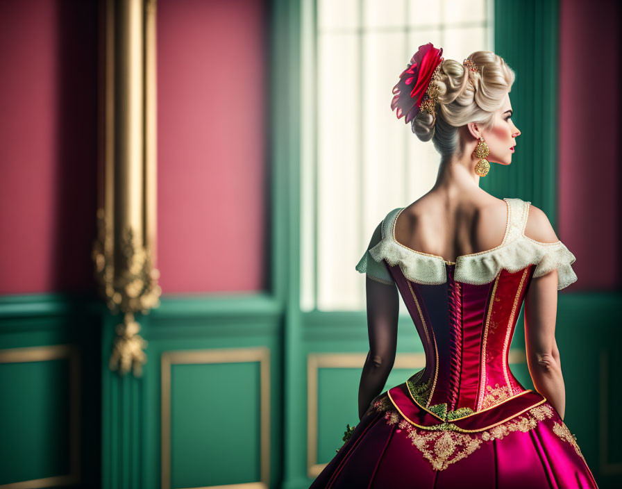 Elegant woman in vintage red corset dress in regal 18th-century room