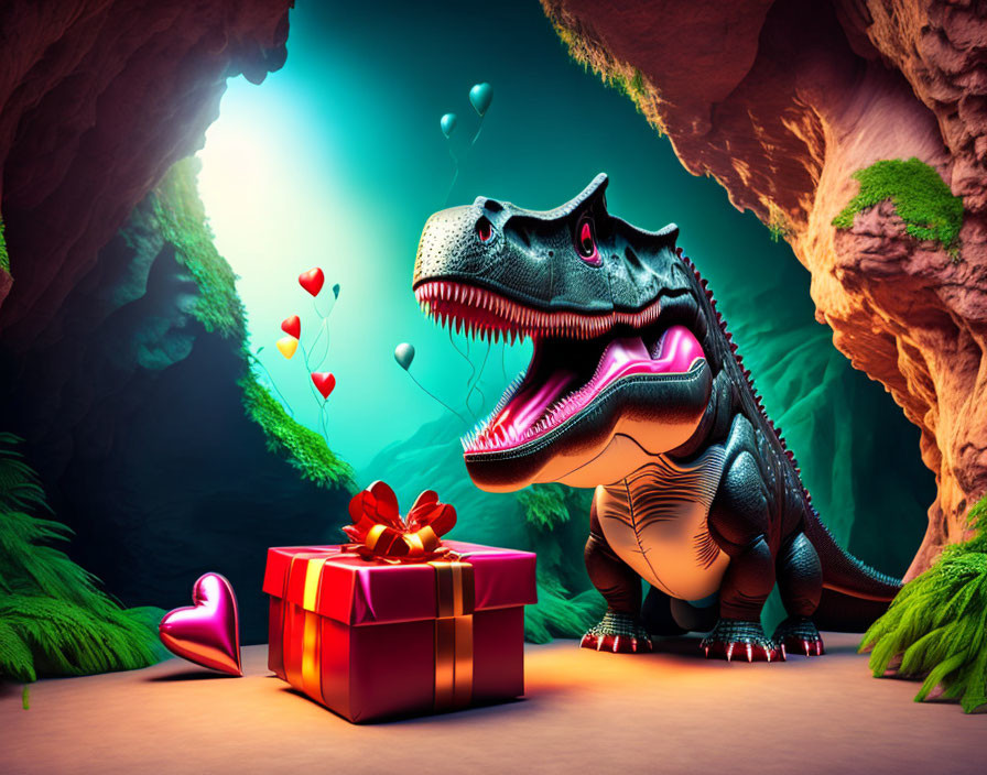 Colorful Cartoon Dinosaur with Heart Balloons and Gift Box in Vibrant Cave