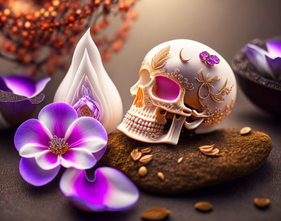Golden Filigree Decorated Skull with Purple Gemstones and Flowers on Dark Surface