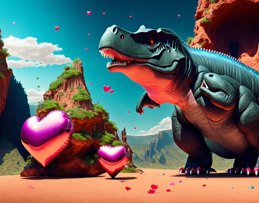 Colorful Dinosaur with Heart Balloons & Red Canyon Landscape