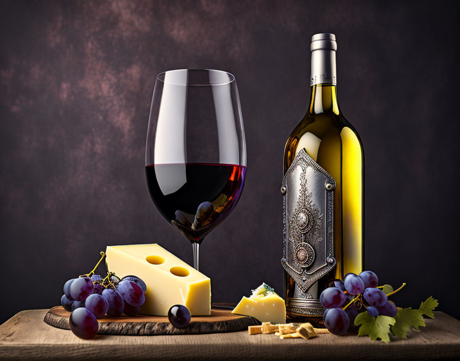 Red wine glass, cheese, grapes on wooden board against dark background