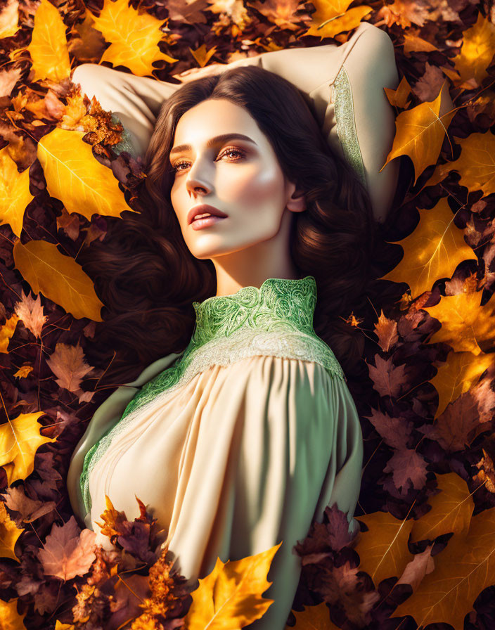 Dark-haired woman in vintage dress surrounded by autumn leaves in golden sunlight