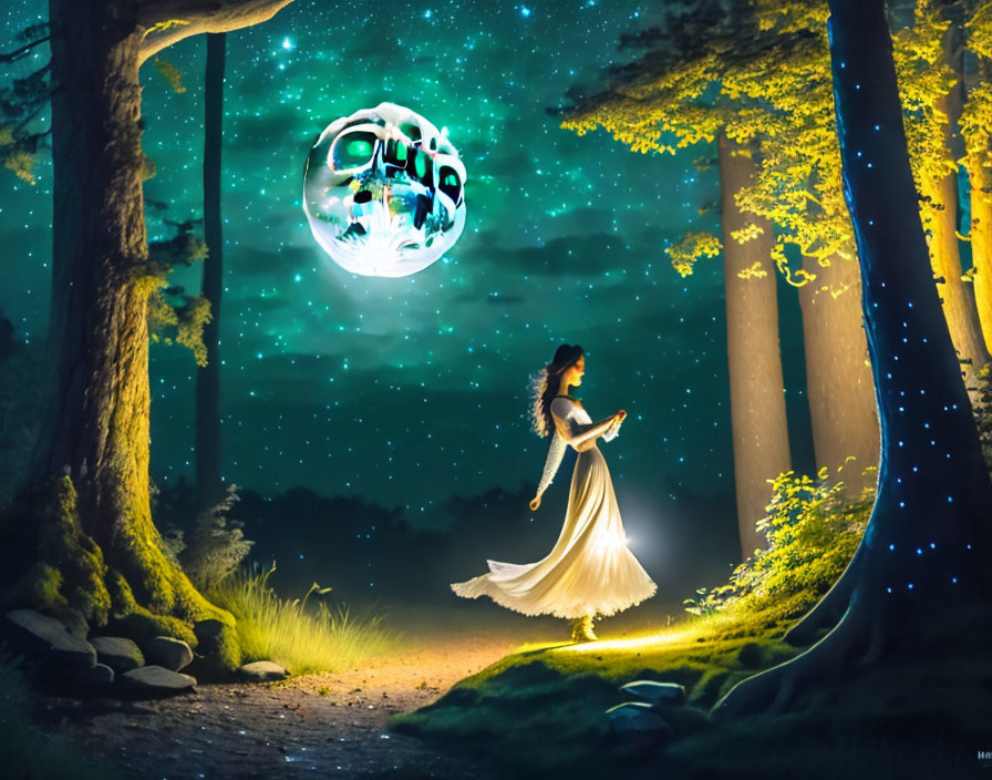Woman in white dress walks in mystical forest with glowing pathway, starry sky, and illuminated moon with