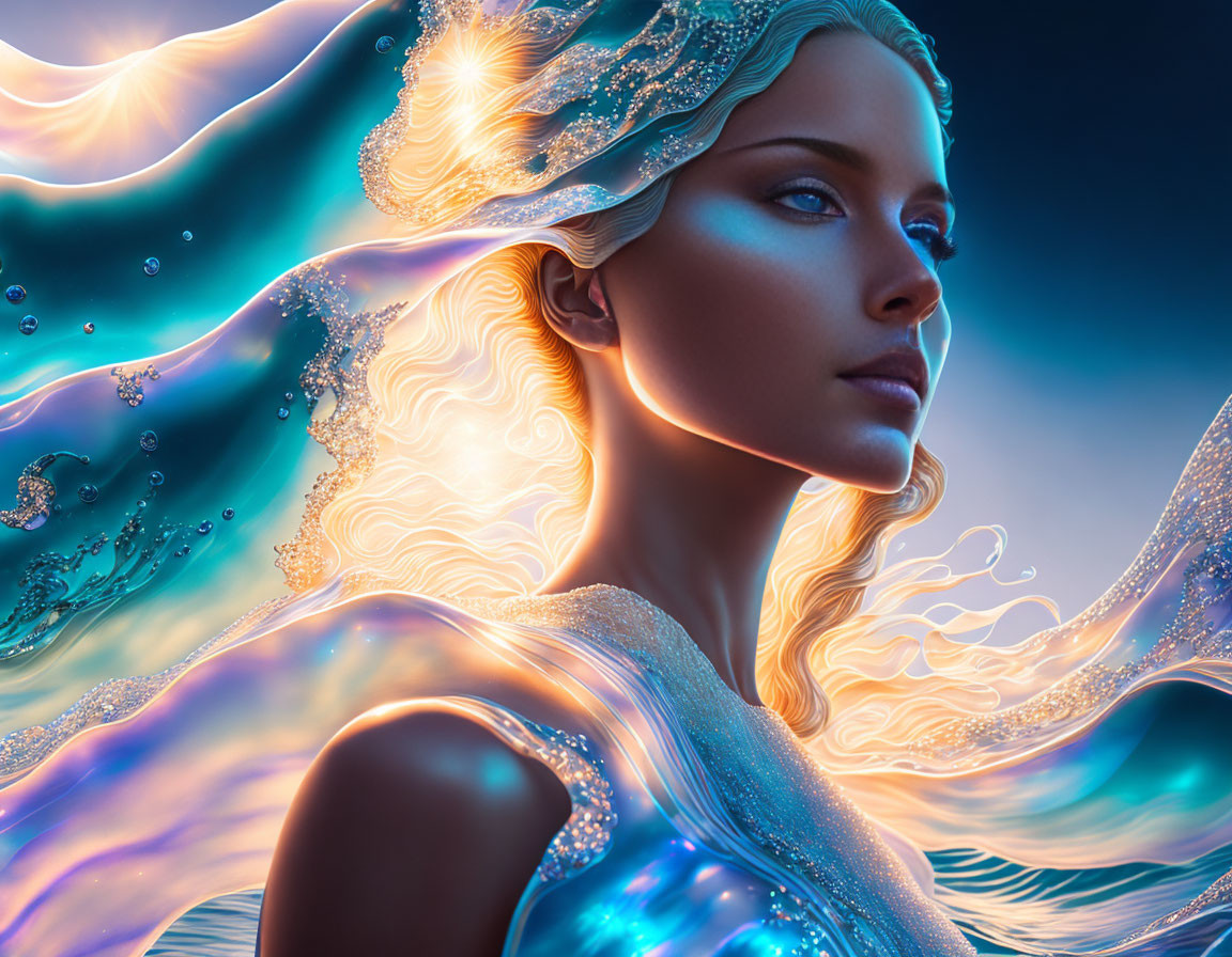 Digital artwork: Woman with glowing water and light elements, intricate attire and hair patterns