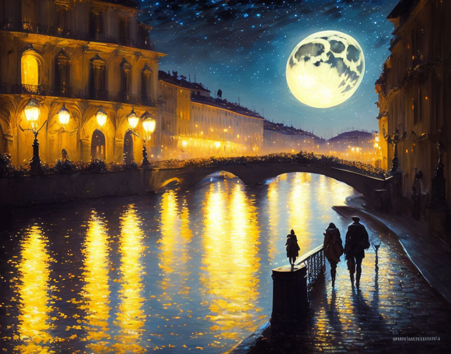 Full Moon Night Scene: River, Old Cityscape, People Walking