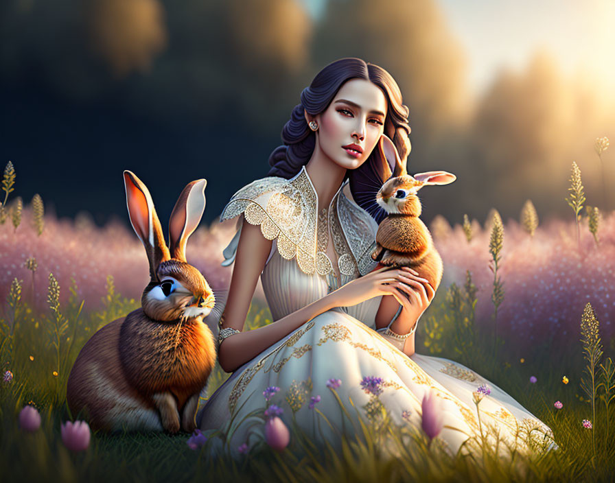 Victorian woman with rabbits in field of purple flowers at dusk