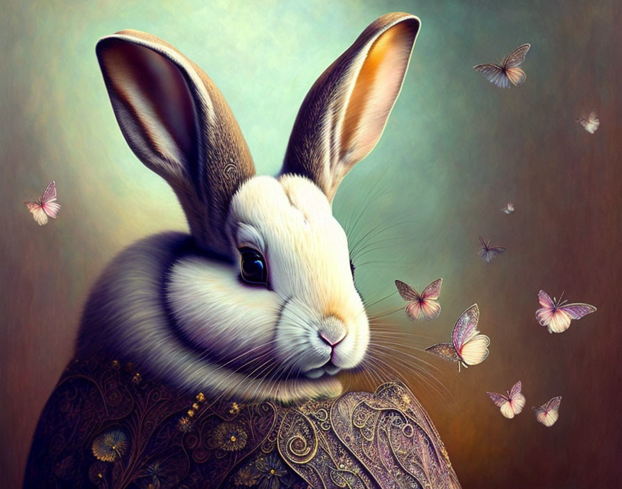 Detailed Rabbit and Butterfly Illustration on Textured Background