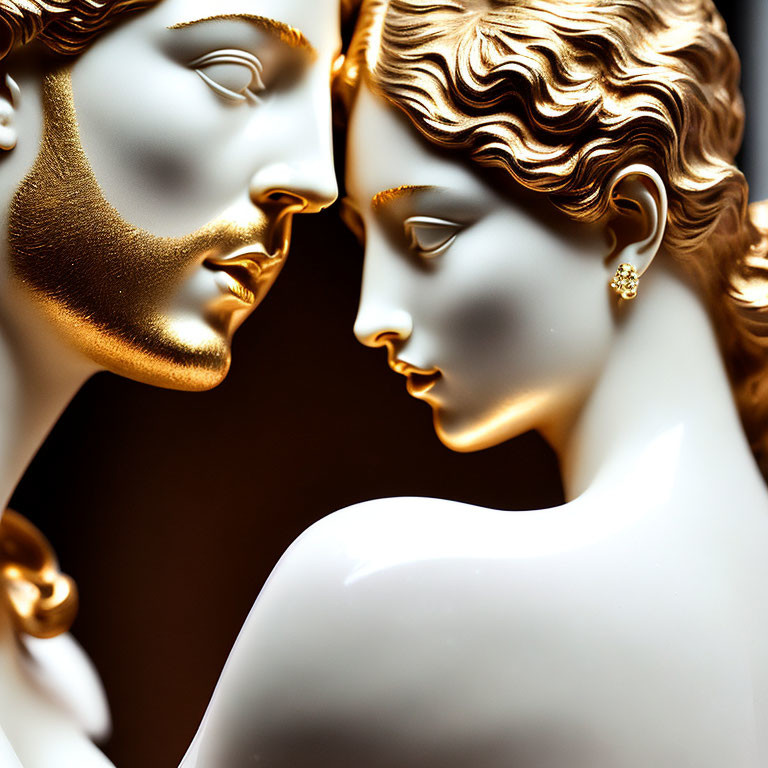 Classical statues: Golden & white finishes, intimate moment between man & woman