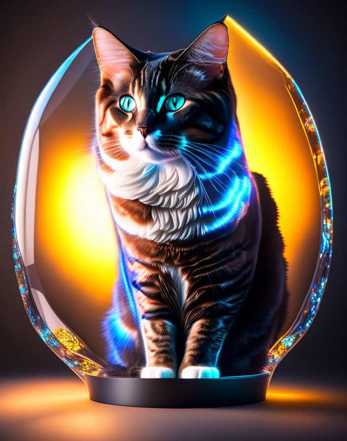 Majestic cat in futuristic crescent frame with vibrant colors